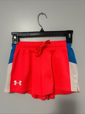 Under Armour Girls' Neon Red Athletic Shorts with Blue & White Panels